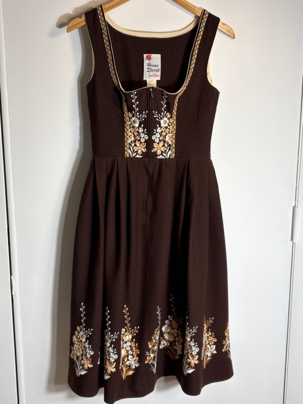 Vintage German Dirndl Dress Brown Floral Embroidered Bavarian EU 36